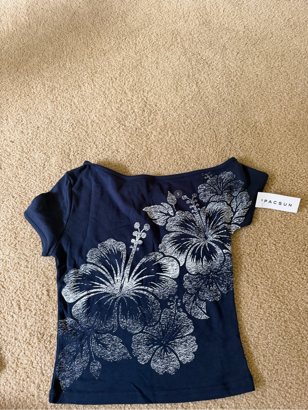 PacSun Navy Short Sleeve Tee with Silver Floral Print
